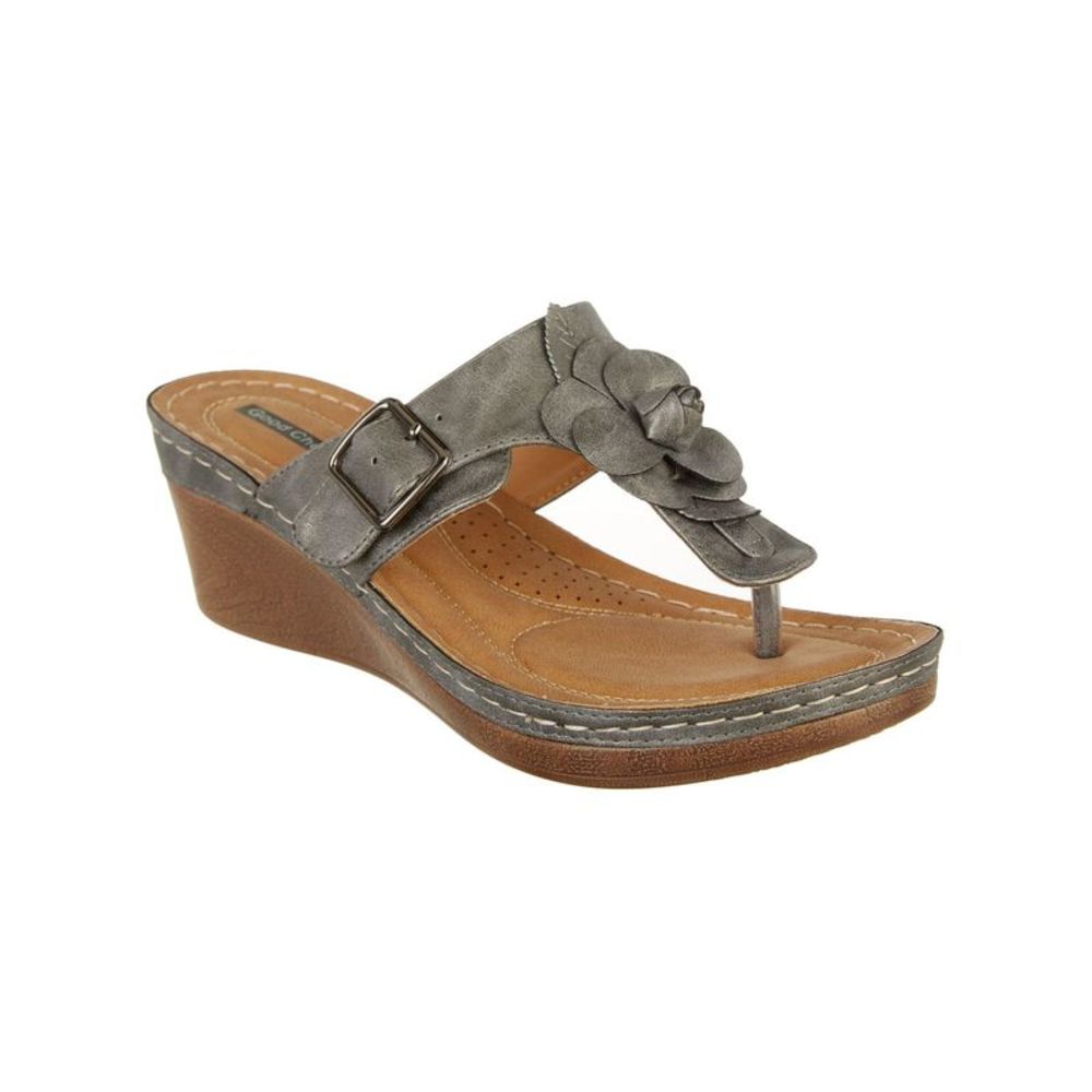 GOOD CHOICE Womens Gray Flower 1" Platform Flora Wedge Slip On Thong Sandals 7